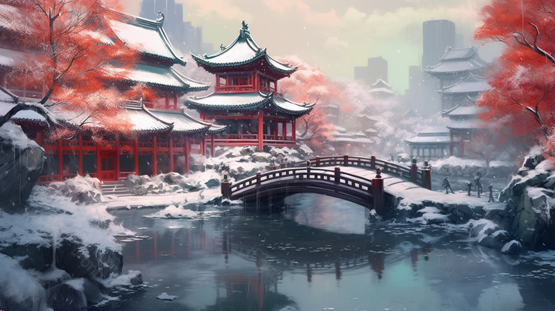 中国风雪天古亭楼阁水墨画背景,插画/手绘图,插画/手绘图库,插画/手绘图下载,插画/手绘